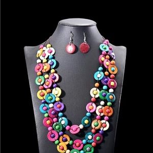 Bohemian ethnic style multilayer rice beads,wooden necklace earrings set.
